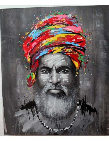 Quadro dipinto pop art vecchio saggio Indiano cm120x100 africana tribale moderno industrial tela grigio