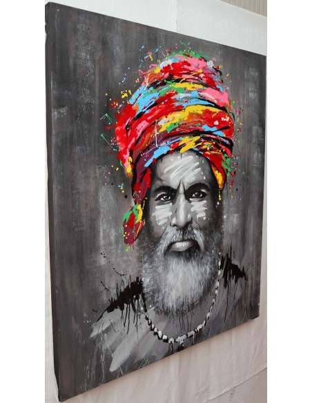Quadro dipinto pop art vecchio saggio Indiano cm120x100 africana tribale moderno industrial tela grigio