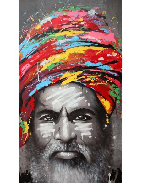 Quadro dipinto pop art vecchio saggio Indiano cm120x100 africana tribale moderno industrial tela grigio