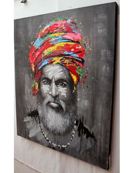 Quadro dipinto pop art vecchio saggio Indiano cm120x100 africana tribale moderno industrial tela grigio