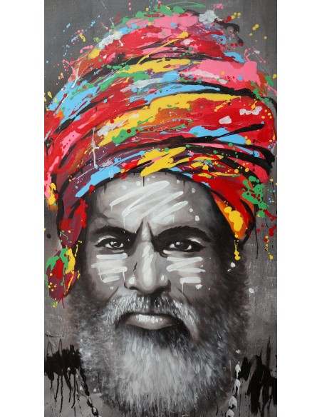Quadro dipinto pop art vecchio saggio Indiano cm120x100 africana tribale moderno industrial tela grigio