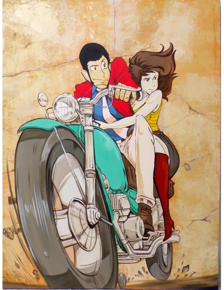Quadro Lupin III cm 120x100 con Fujiko in moto pop art moderno arredo