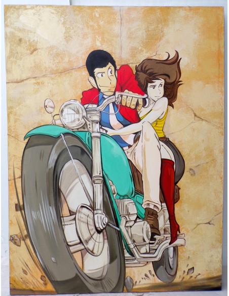 Quadro Lupin III cm 120x100 con Fujiko in moto pop art moderno arredo