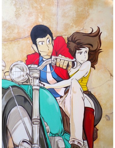 Quadro Lupin III cm 120x100 con Fujiko in moto...