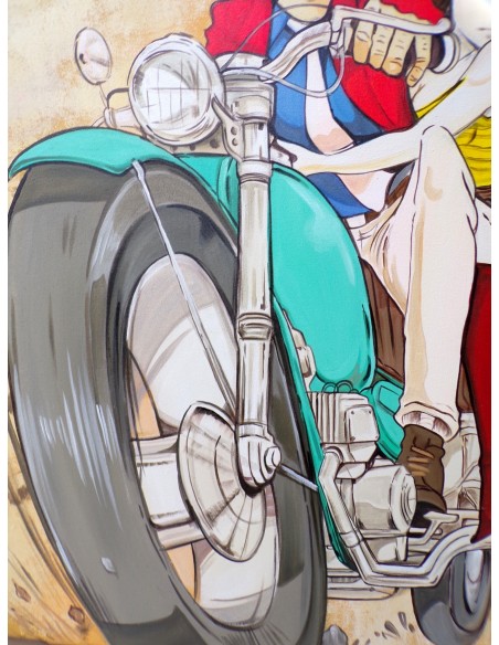 Quadro Lupin III cm 120x100 con Fujiko in moto pop art moderno arredo