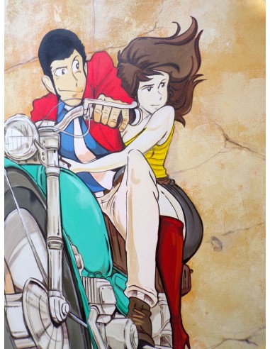 Quadro Lupin III cm 120x100 con Fujiko in moto...