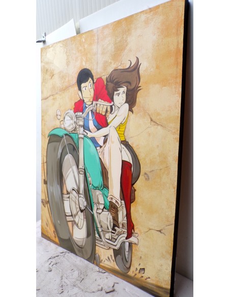 Quadro Lupin III cm 120x100 con Fujiko in moto pop art moderno arredo