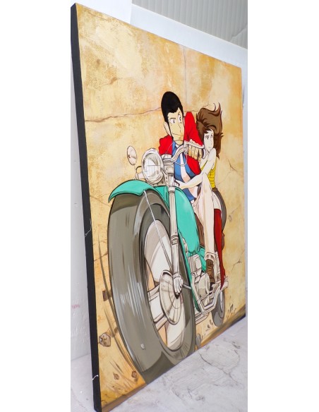 Quadro Lupin III cm 120x100 con Fujiko in moto pop art moderno arredo
