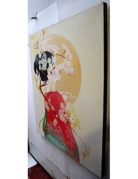 Quadro dipinto in stile giapponese geisha cm120x90 samurai manga