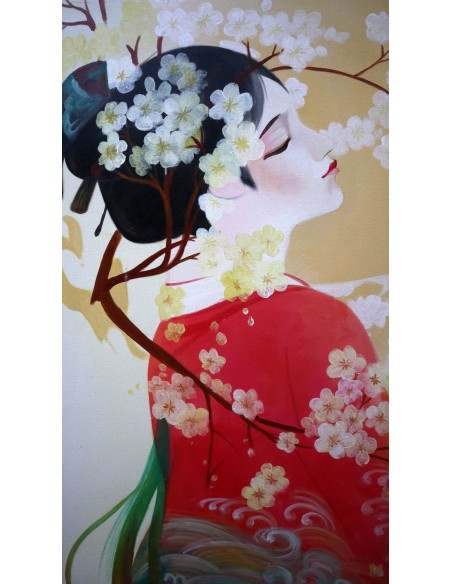 Quadro dipinto in stile giapponese geisha cm120x90 samurai manga