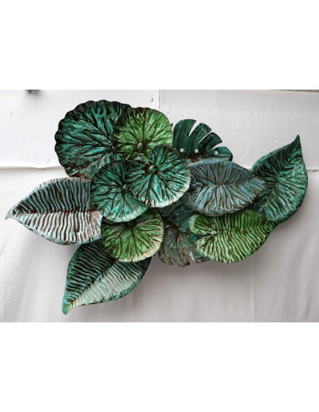Pannello floreale edere vegetale in metallo creato e colorato mano cm 90x60x9 banano edera fiori arte opera