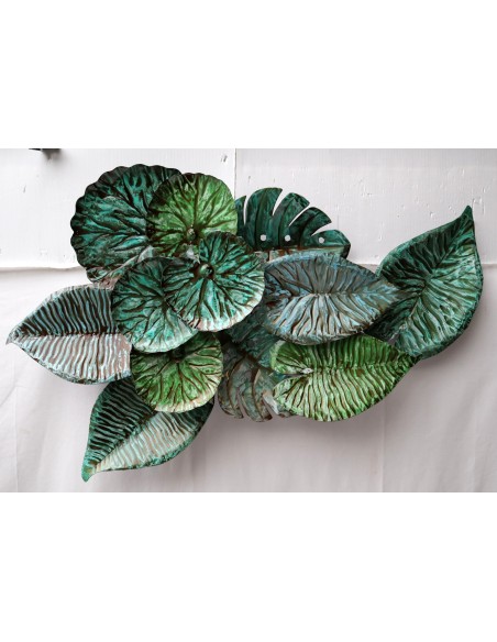 Pannello floreale edere vegetale in metallo creato e colorato mano cm 90x60x9 banano edera fiori arte opera