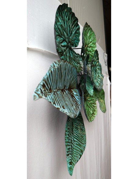 Pannello floreale edere vegetale in metallo creato e colorato mano cm 90x60x9 banano edera fiori arte opera
