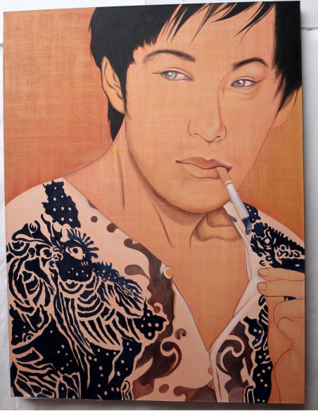 Quadro dipinto in stile giapponese antico cm120x90 samurai manga