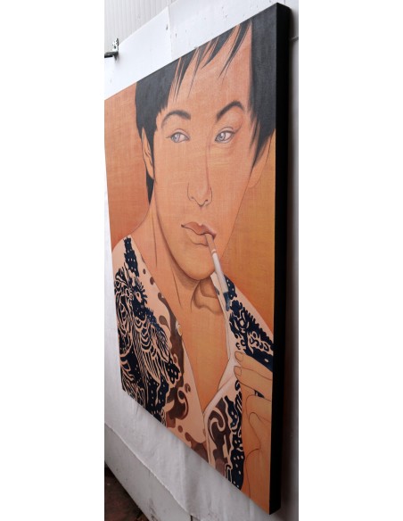 Quadro dipinto in stile giapponese antico cm120x90 samurai manga