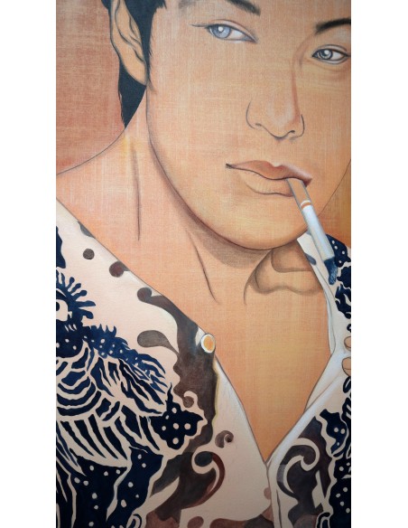 Quadro dipinto in stile giapponese antico cm120x90 samurai manga