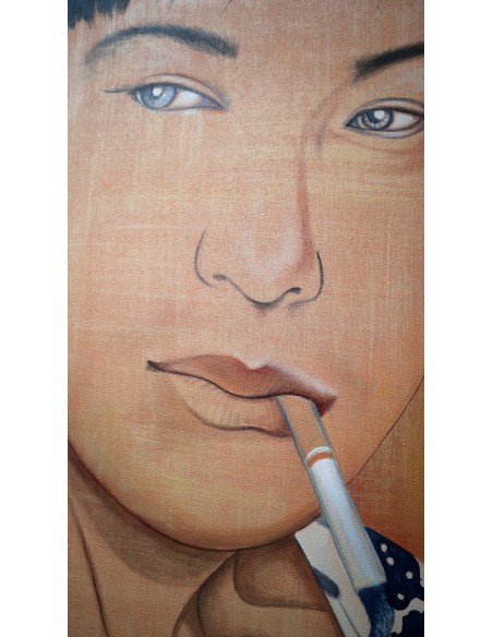 Quadro dipinto in stile giapponese antico cm120x90 samurai manga