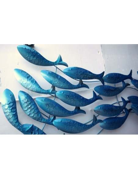 Pannello marino in metallo creato e colorato mano cm 110x50x6 marino pesci blu