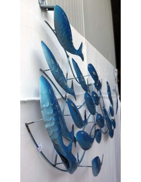 Pannello marino in metallo creato e colorato mano cm 110x50x6 marino pesci blu