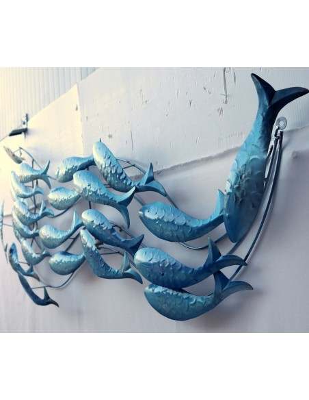 Pannello marino in metallo creato e colorato mano cm 110x50x6 marino pesci blu