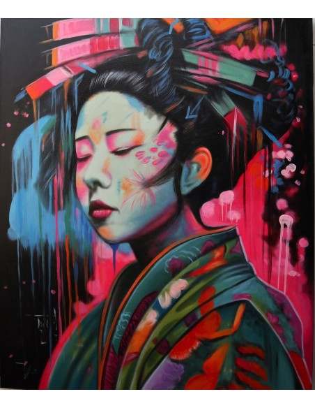 Quadro dipinto in stile giapponese geisha cm120x100 samurai manga