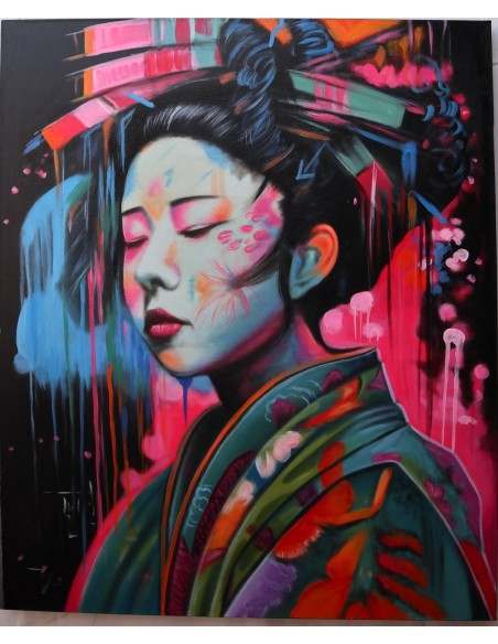 Quadro dipinto in stile giapponese geisha cm120x100 samurai manga
