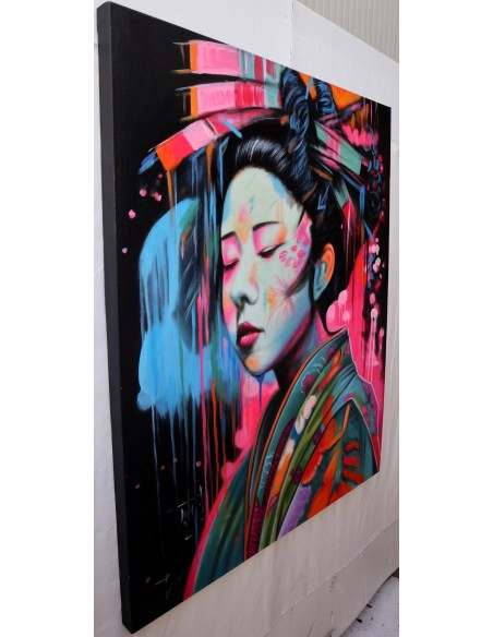 Quadro dipinto in stile giapponese geisha cm120x100 samurai manga