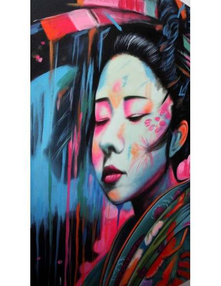 Quadro dipinto in stile giapponese geisha cm120x100 samurai manga