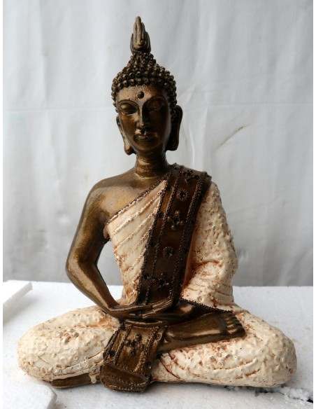 Buddha Thai in resina color oro veste bianca realizzato a mano cm 22x10x28h