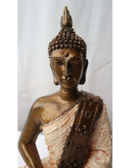Buddha Thai in resina color oro veste bianca realizzato a mano cm 22x10x28h