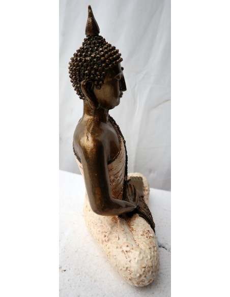 Buddha Thai in resina color oro veste bianca realizzato a mano cm 22x10x28h