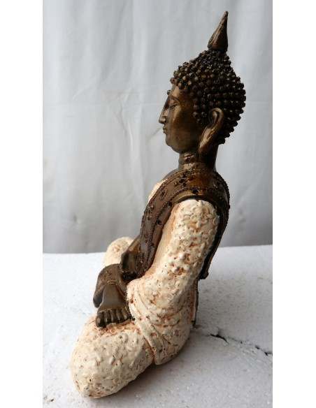 Buddha Thai in resina color oro veste bianca realizzato a mano cm 22x10x28h