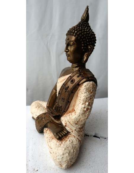 Buddha Thai in resina color oro veste bianca realizzato a mano cm 22x10x28h