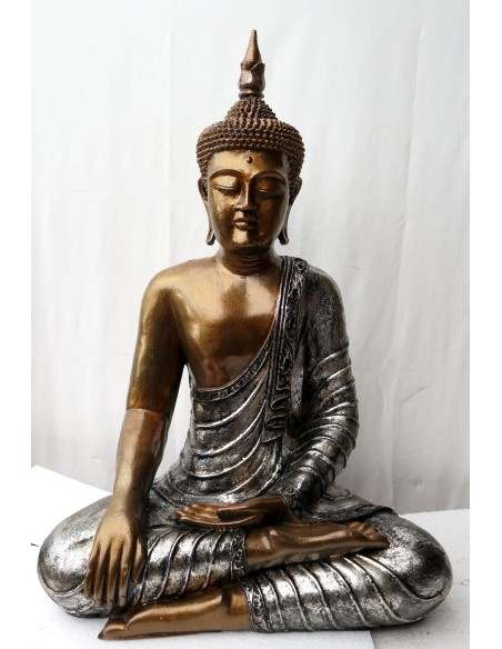 Buddha Thai in resina colorata veste argento dipinta a mano cm 46x27x68h anticata
