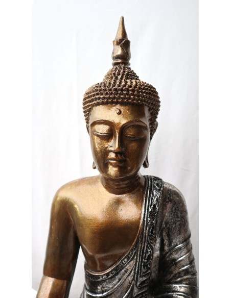 Buddha Thai in resina colorata veste argento dipinta a mano cm 46x27x68h anticata