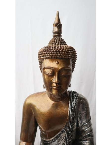 Buddha Thai in resina colorata veste argento dipinta a mano cm 46x27x68h anticata