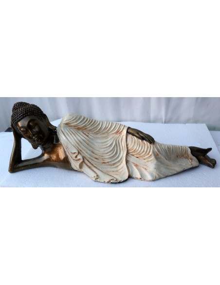 Buddha sdraiato in resina veste color bianca crema realizzato a mano cm 58x15x17h h