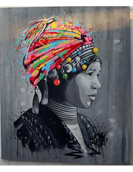 quadro volto di ragazza con turbante in tela color acrilico cm 120x100 dipinto