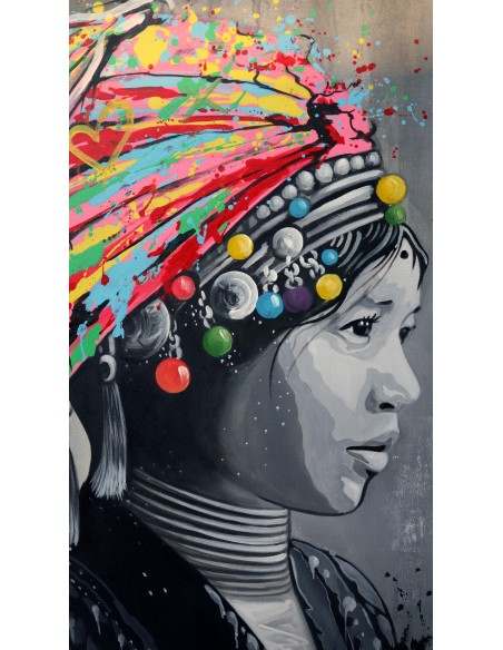 quadro volto di ragazza con turbante in tela color acrilico cm 120x100 dipinto