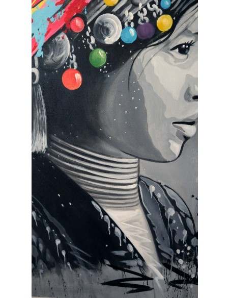 quadro volto di ragazza con turbante in tela color acrilico cm 120x100 dipinto