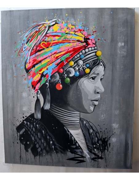 quadro volto di ragazza con turbante in tela color acrilico cm 120x100 dipinto