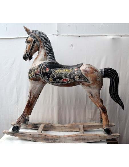 Cavallino a dondolo in legno cavallo creato dipinto a mano bianco decapato 100x27x98h