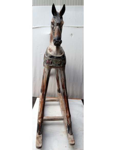 Cavallino a dondolo in legno cavallo creato dipinto a mano bianco decapato 100x27x98h