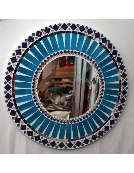 Specchio in legno e mosaico di vetro cm 50 celeste e bianco e viola