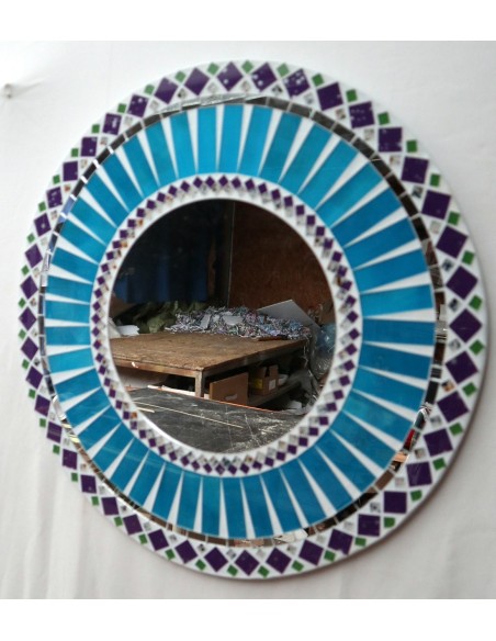 Specchio in legno e mosaico di vetro cm 50 celeste e bianco e viola