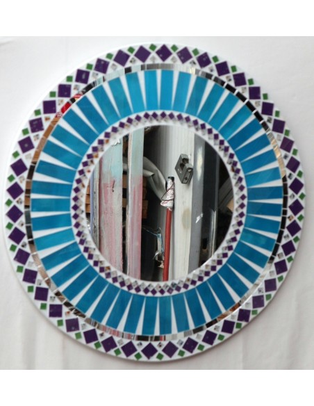 Specchio in legno e mosaico di vetro cm 50 celeste e bianco e viola