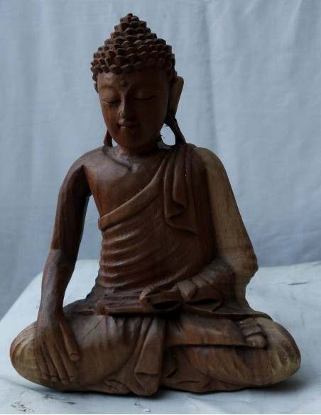 Buddha in legno di suar o noce indiano scultura color naturale