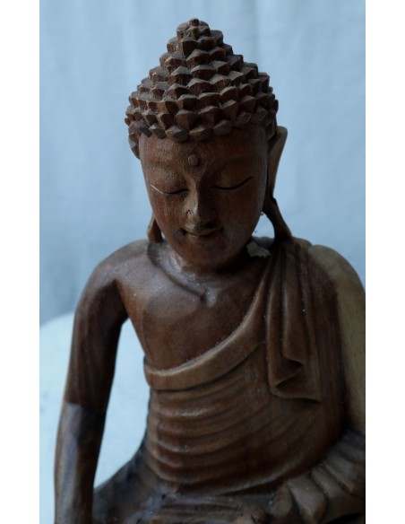 Buddha in legno di suar o noce indiano scultura color naturale