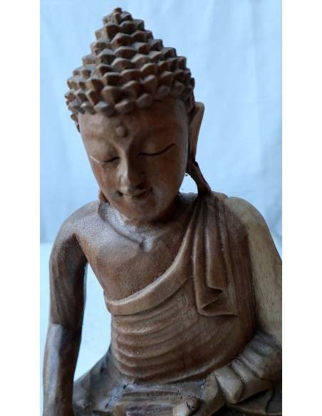 Buddha in legno di suar o noce indiano scultura color naturale