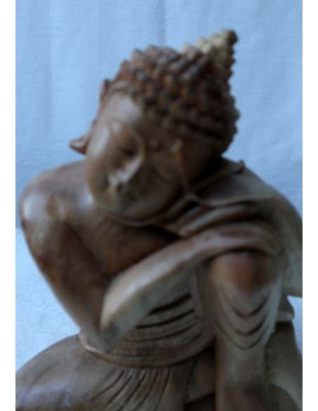 Buddha in legno di suar o noce indiano scultura color naturale in relax